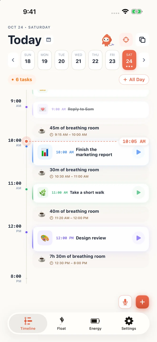 Tether’s Today timeline showing a report, a meeting, and breathing room between tasks.